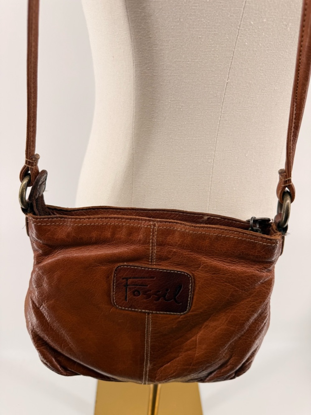 Vintage Fossil Cognac Weathered Genuine Leather Bohemian Crossbody Bag